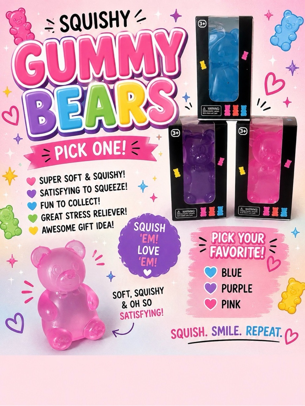 Squishy Gummy Bears Stress Toy - Pick One - Pink, Blue or Purple